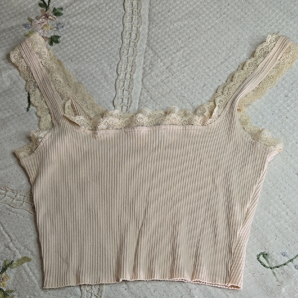 *3/$15* Shein Cream Ribbed Tank with Lace Detail